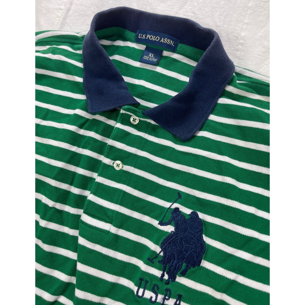 U.S. POLO‎ ASSN. Mens XL Green Striped Polo Shirt Number 3 Embroidered Logo